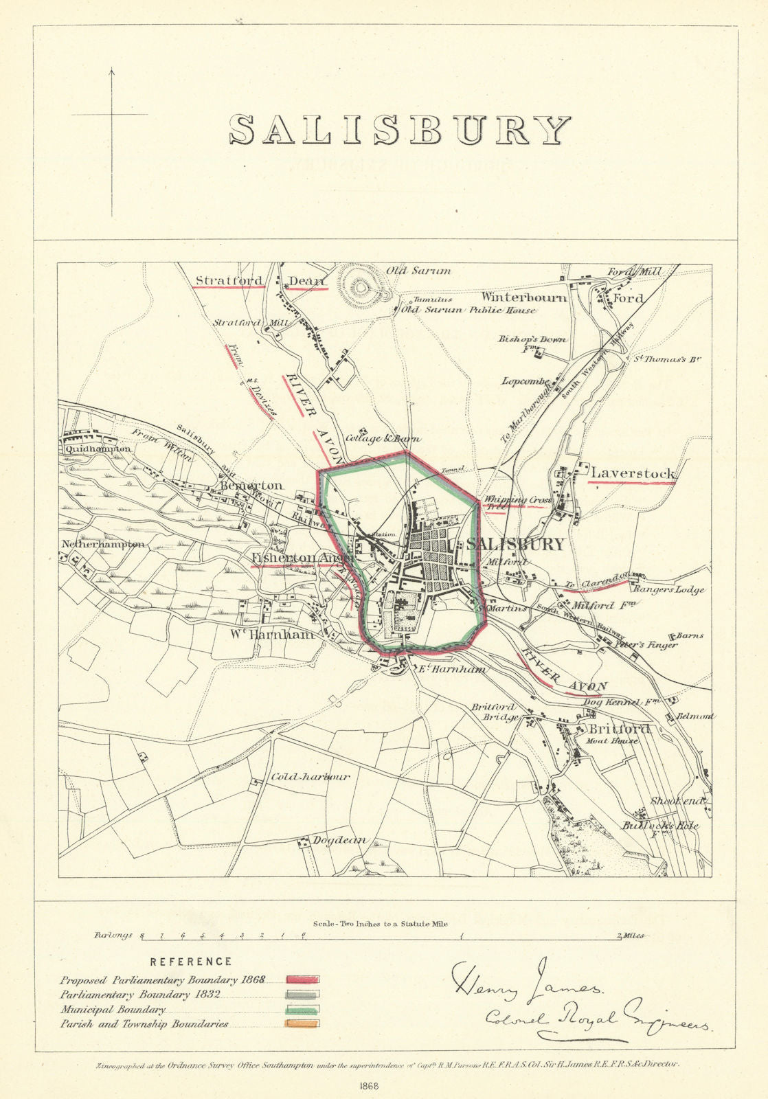 Salisbury, Wiltshire. JAMES. Parliamentary Boundary Commission 1868 old map